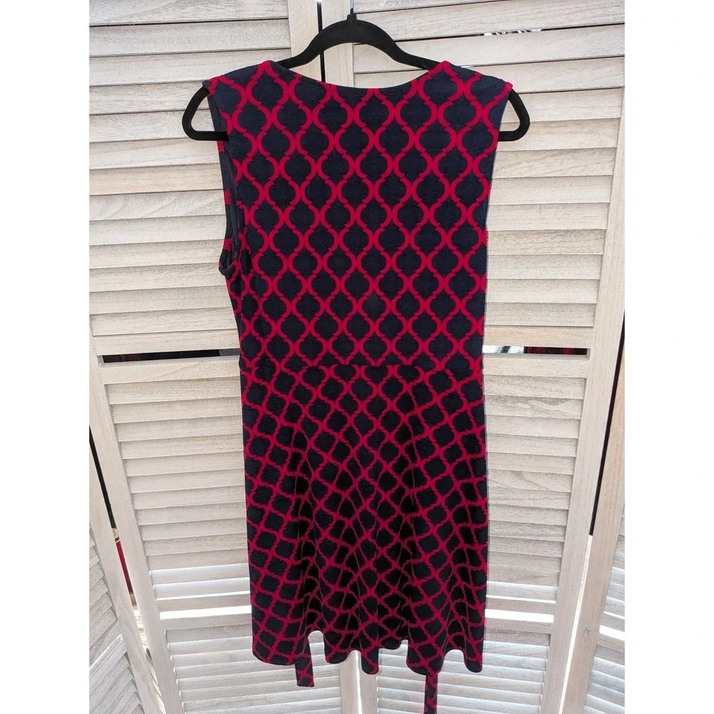 Hawthorn Womens XL Faux Wrap Dress Red Navy Blue Trellis Geometric Sleeveless - Picture 4 of 5
